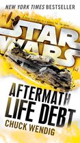 Boekomslag van Star Wars: Aftermath Life Debt, een New York Times bestseller met de Millennium Falcon en Star Destroyers.