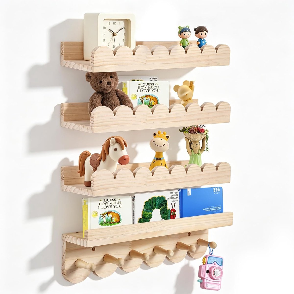 4-delige set boekenplank voor kinderen, 40 cm wandplank voor kinderkamer met houten haken, zwevend houten plank kinderrek voor speelkamer slaapkamer woonkamer, Montessori-rek voor speelgoed, foto