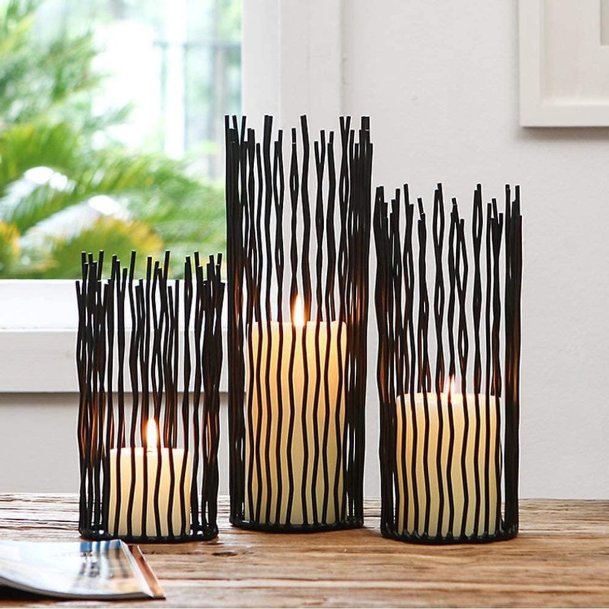 Wilgen Kaarsenhouder Set van 3, Metalen Zwarte Pijler Kandelaars voor Tafel Middenstukken Moderne Kandelaar Houders voor Eetkamer Tafelblad, Woondecoratie, Binnen, Buitendecoratie