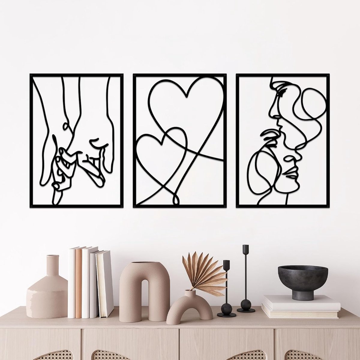 Minimalistische metalen wanddecoratie 3 stuks Valentijnsdag liefhebbers kus hand esthetische opknoping voor slaapkamer