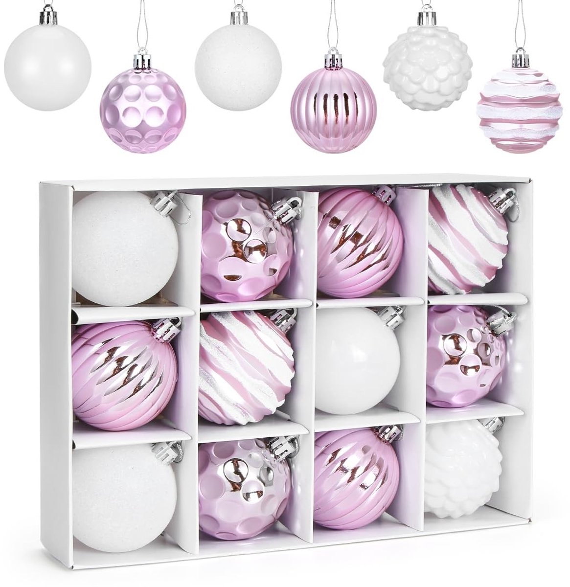 Dailygoods - Set van 12 Roze en Paarse Kerstballen, Kunststof, 6 cm voor Kerstdecoratie