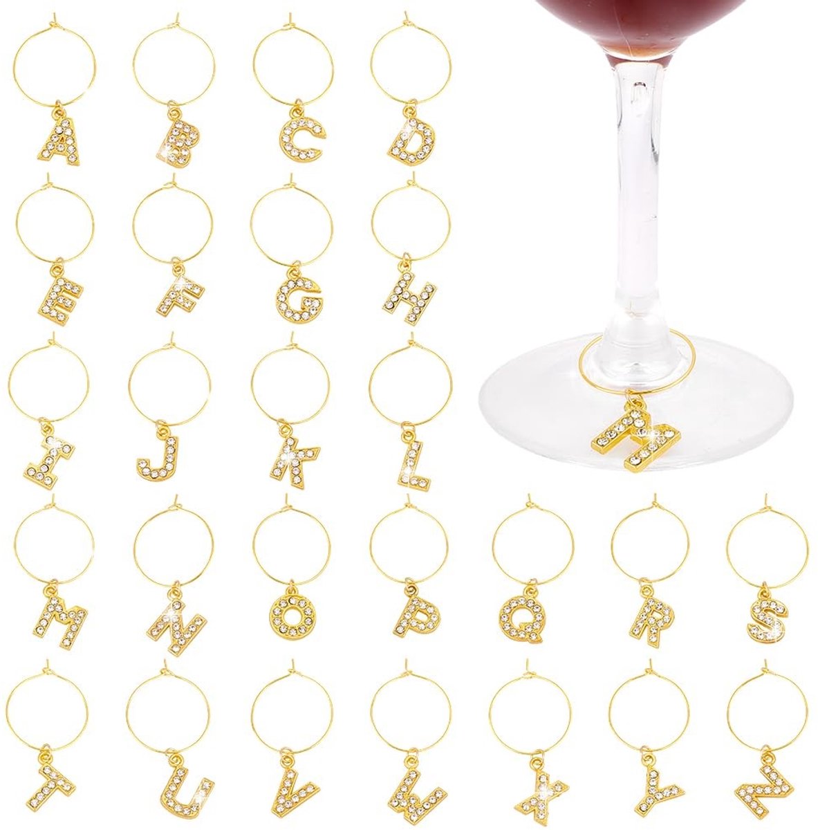 Dailygoods - Set van 26 Gouden Bling Letter Wijnglas Bedels