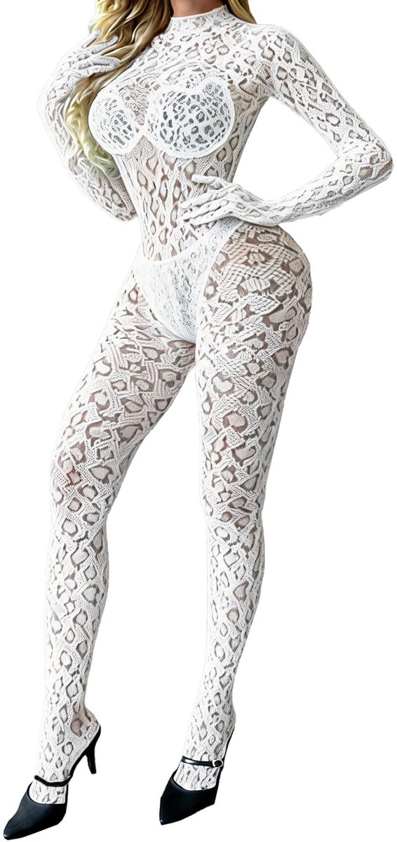 Dailygoods- Bodystocking Zwarte Luipaardprint - Mesh Jumpsuit - Sexy Lingerie - Festival Outfit - Elastische Stof - Open Vinger Stijl