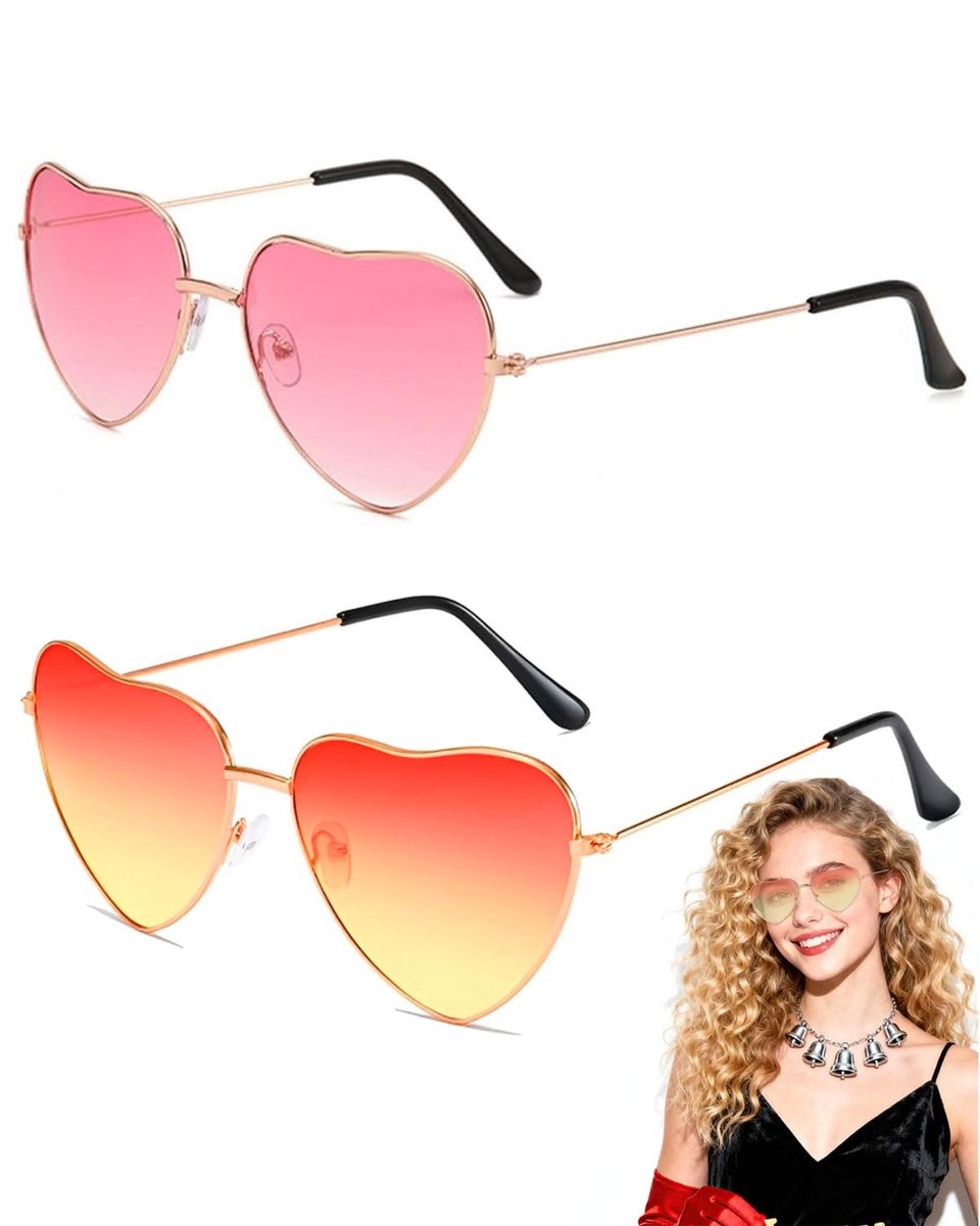 Dailygoods - 2 Stuks Hartvormige Zonnebril - Metalen Frame voor Dames - Festival en Retro Look
