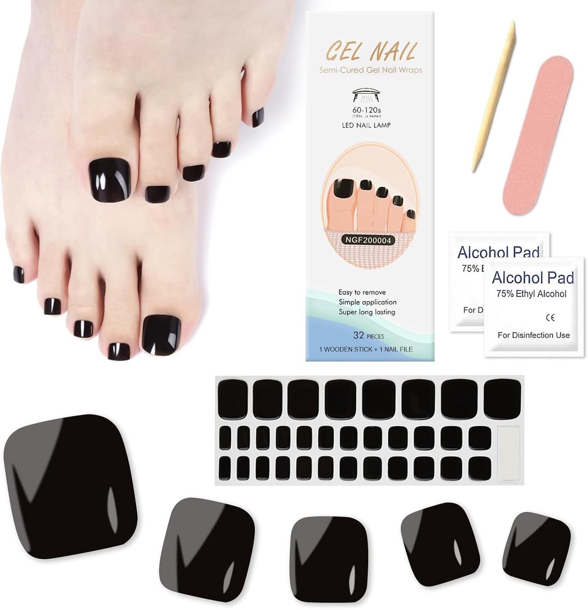 Zelfklevende Gel Nagelstickers Voeten - Zwart French Manicure Set Inclusief Vijl