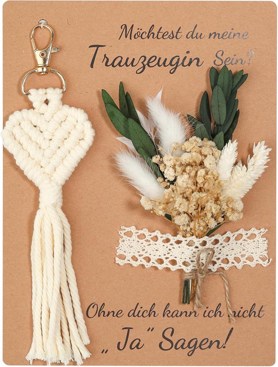 Trouwgetuige vragen cadeau - inclusief Will du My Trauzeugin Sein kaart - boeket droogbloemen en sleutelhanger macramé - handgemaakte bruidsmeisjesvragen (wit)