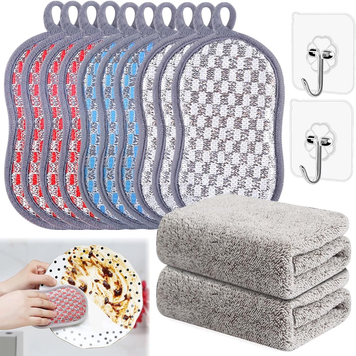 Herbruikbare Spons Set van 14 Stuks met 2 Afwasdoeken en 2 Haken, Duurzame Microvezel Spons voor Vaat, Pannen en Keukenaccessoires