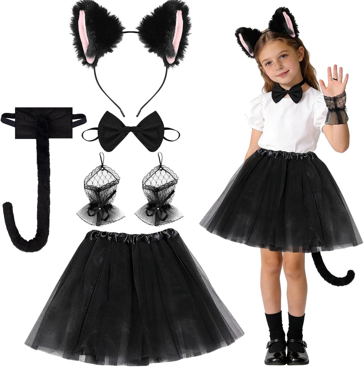Schattige kattenkostuum set voor kinderen voor carnaval, Halloween en themafeesten met accessoires