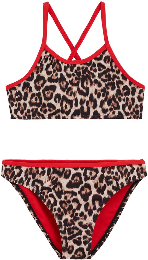 Bikini met luipaardprint en rode bies, gekruiste bandjes op de rug.