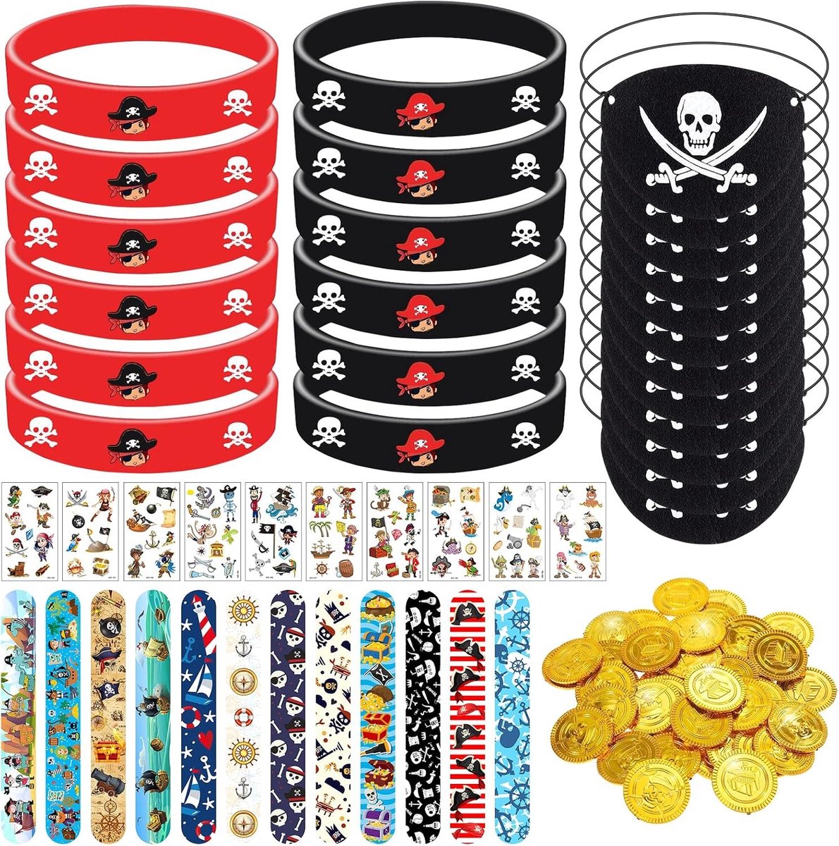 70-delige piratenfeestgeschenken, verjaardagscadeau voor kinderen met siliconen armband, piratenooglap, munten, tatoeages en kostuumaccessoires voor een onvergetelijk piratenfeest