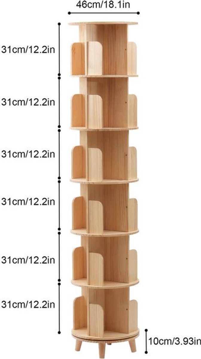 Boekenplank – Boekenrek – Boekenkast – Rotatieplank – Opbergmeubel – 6 Laags – 360° Draaibaar – Gemaakt Van Dennen- En Beukenhout – Compact Design 45 cm Diameter