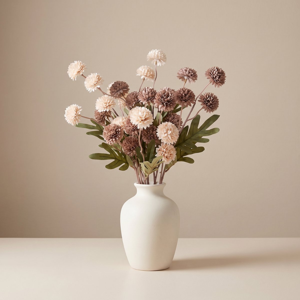 RENALUX Kunstbloemen Boeket - Zijden Bloemen Boeket - Bolvormig - 10 Stelen - Taupe en Creme
