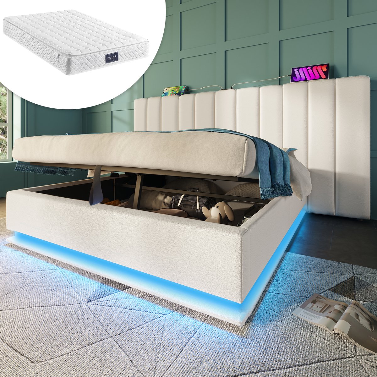 Bedframe - 160x200 Cm - Bed - Met Lattenbodem - Met Opbergruimte - LED - USB C - Wit - Met Matras