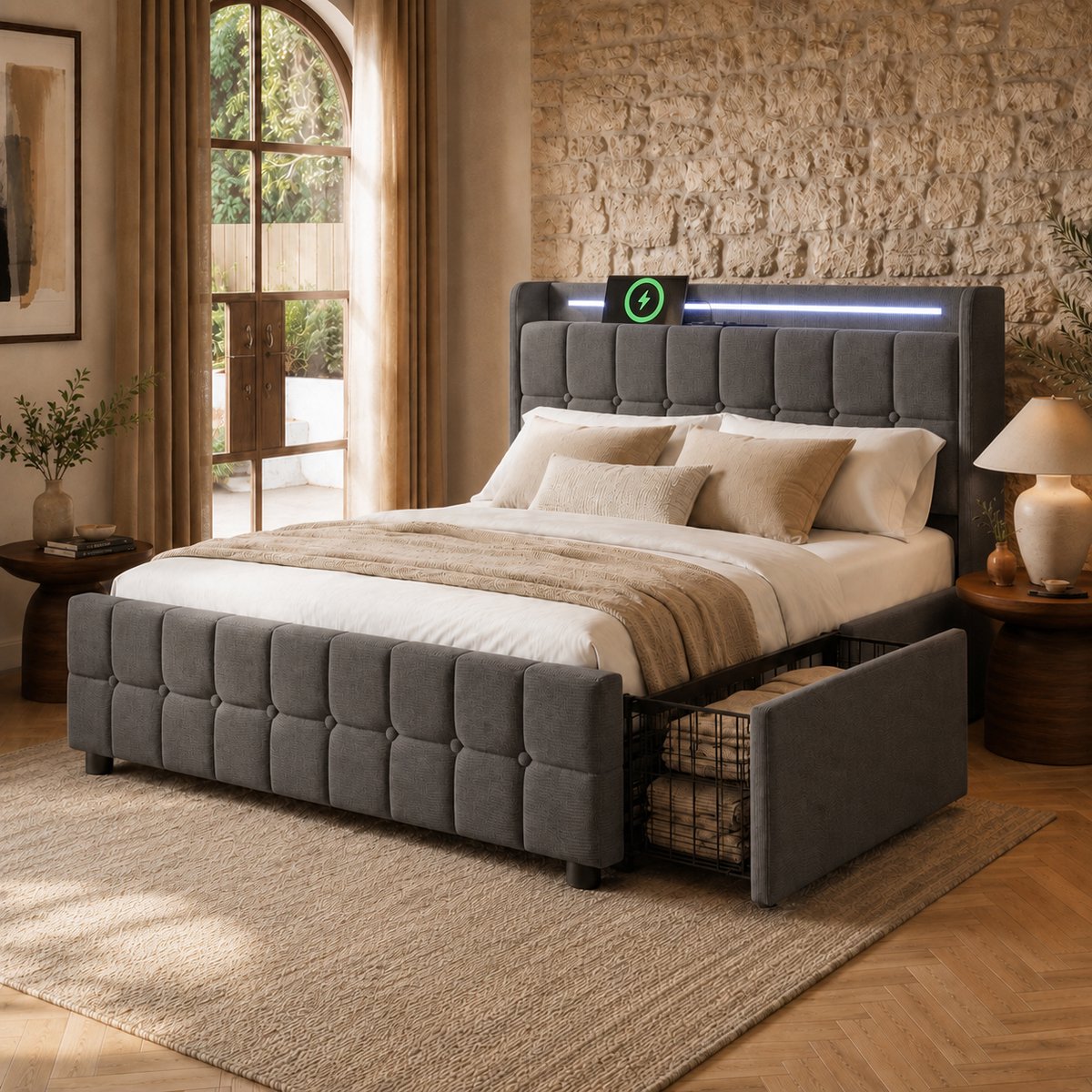 Bedframe - 160x200 Cm - Bed - Met Opbergruimte - LED - USB C - Grijs - Zonder Matras