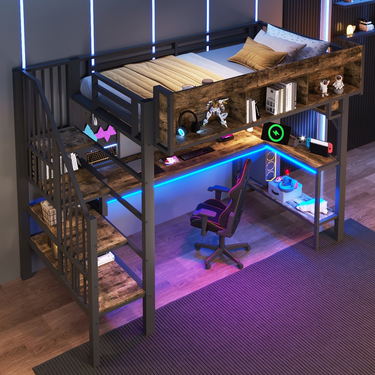 Hoogslaper - 90x200 Cm - Bed - Met Opbergruimte - LED - USB C - Zwart - Zonder Matras