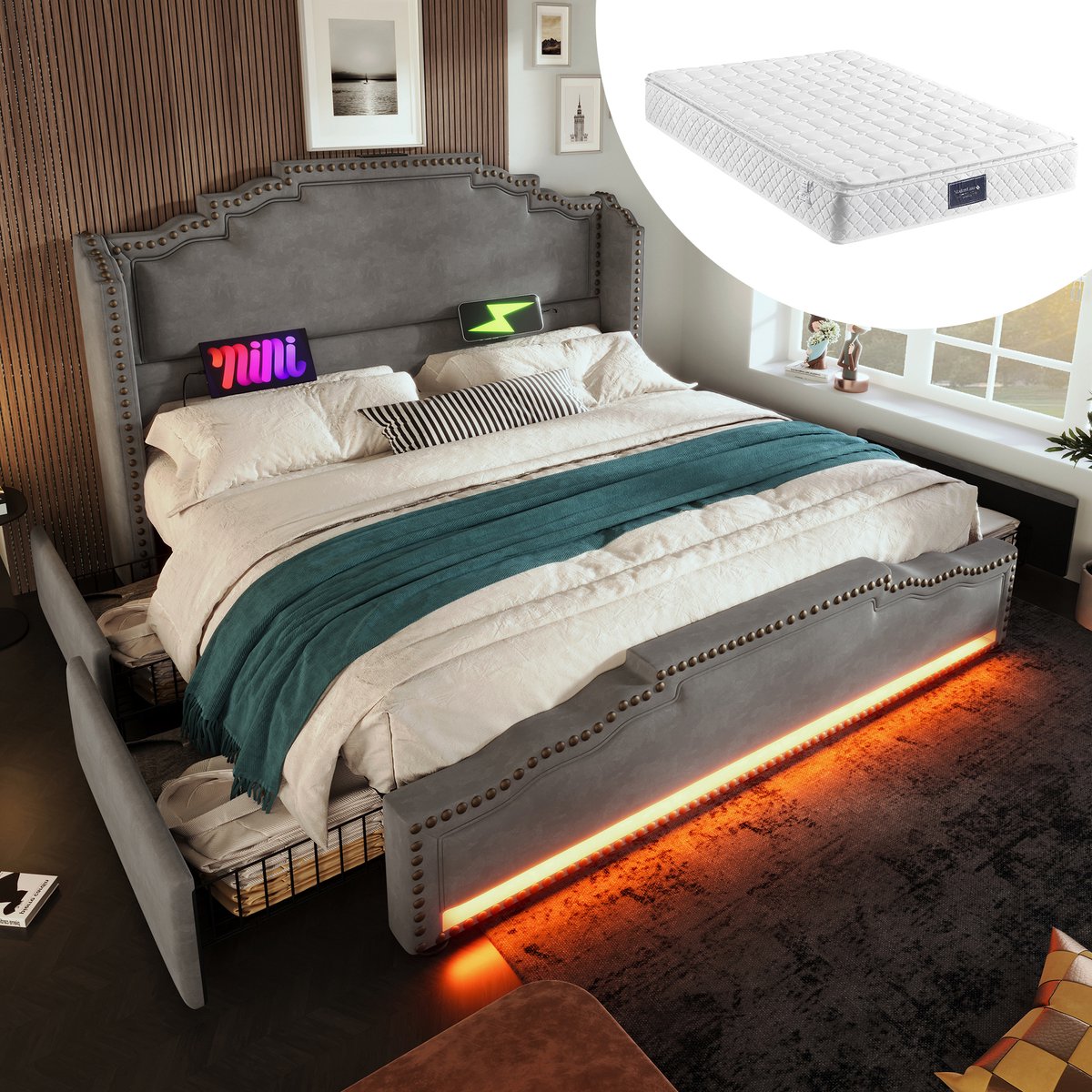 Bedframe - 160x200 Cm - Bed - Met Lattenbodem - Met Opbergruimte - LED - USB C - Grijs - Met Matras
