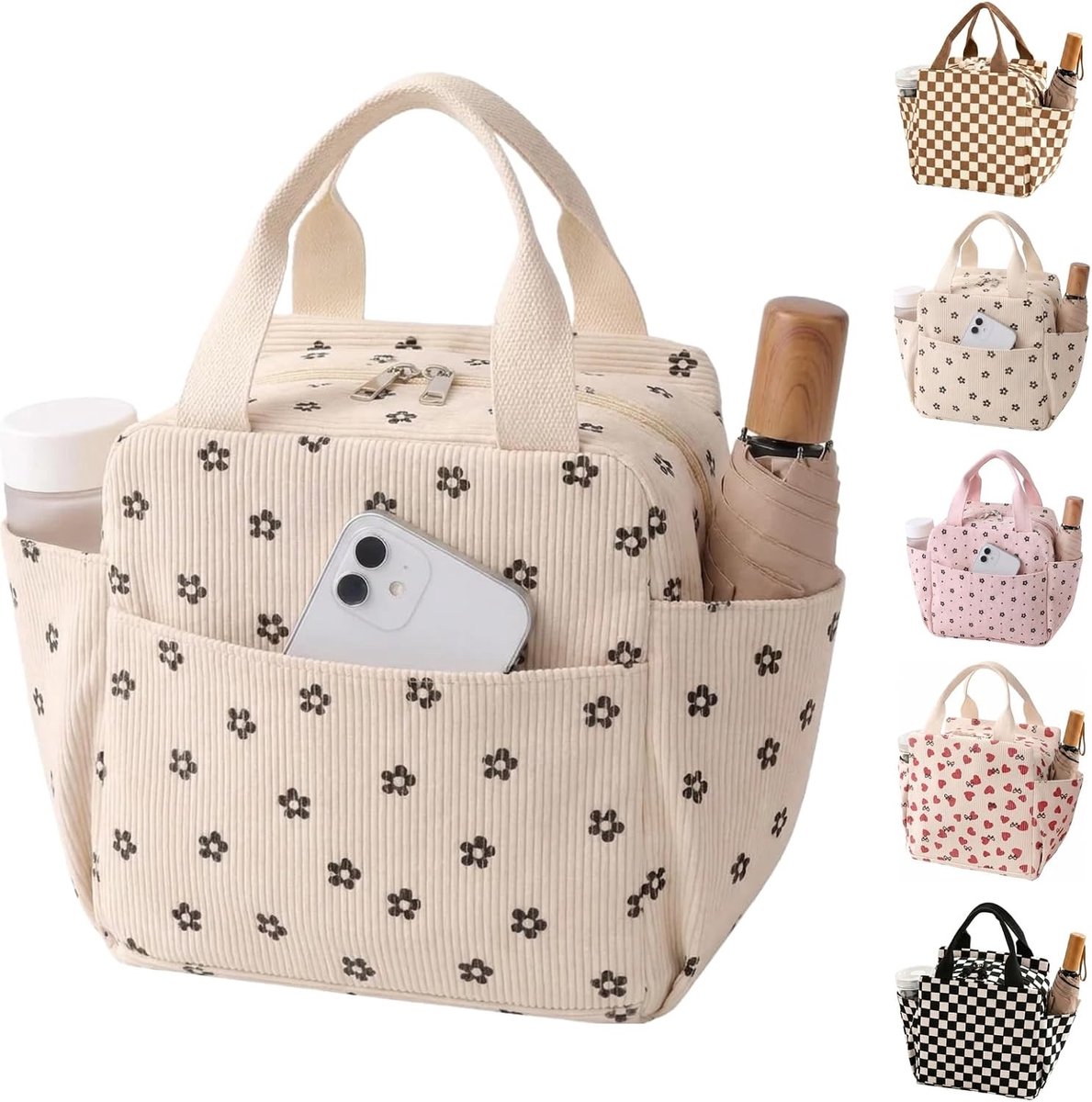 Grote herbruikbare koeltas van corduroy, geïsoleerd voor werk, picknick en reizen, opvouwbaar en draagbaar met zijvakken, beige bloemprint