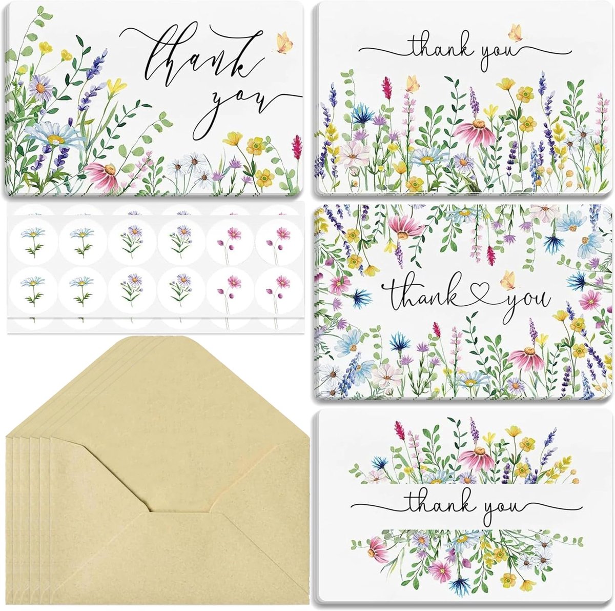36 stuks bloemenbedankkaartjes, bloemenbedankkaartjes met enveloppen, kaartjes en enveloppen, wenskaartjes, multipack bedankkaartjes, voor leraren, bruiloft, afstuderen, familie, verjaardag