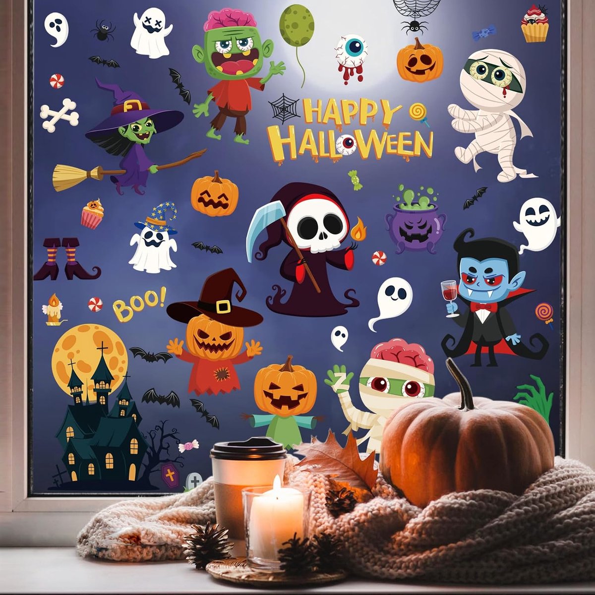 Raamstickers, herbruikbaar, Halloween-feestdecoratie, 9 vellen (Halloween raam-E)