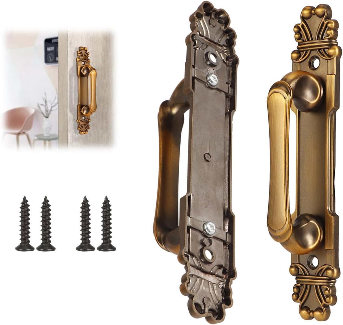 2 antieke ladegrepen door pull handle 165 mm, meubelgreep voor kasten en commodes, bronzen design, met schroeven door pull handle Türgriff-Sets