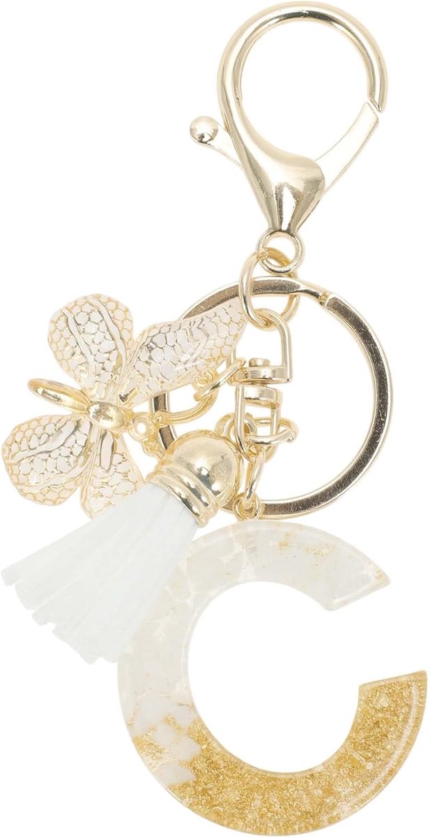 Letter C sleutelhanger, vlinder sleutelhanger met beginletters, dames sleutelhanger cadeau, witgouden tint