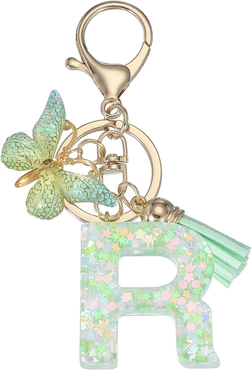 Alfabet Initial Letter Sleutelhanger, Hars Leuke Sleutelhanger met Kwasten Vlinder Brief Hanger Charm