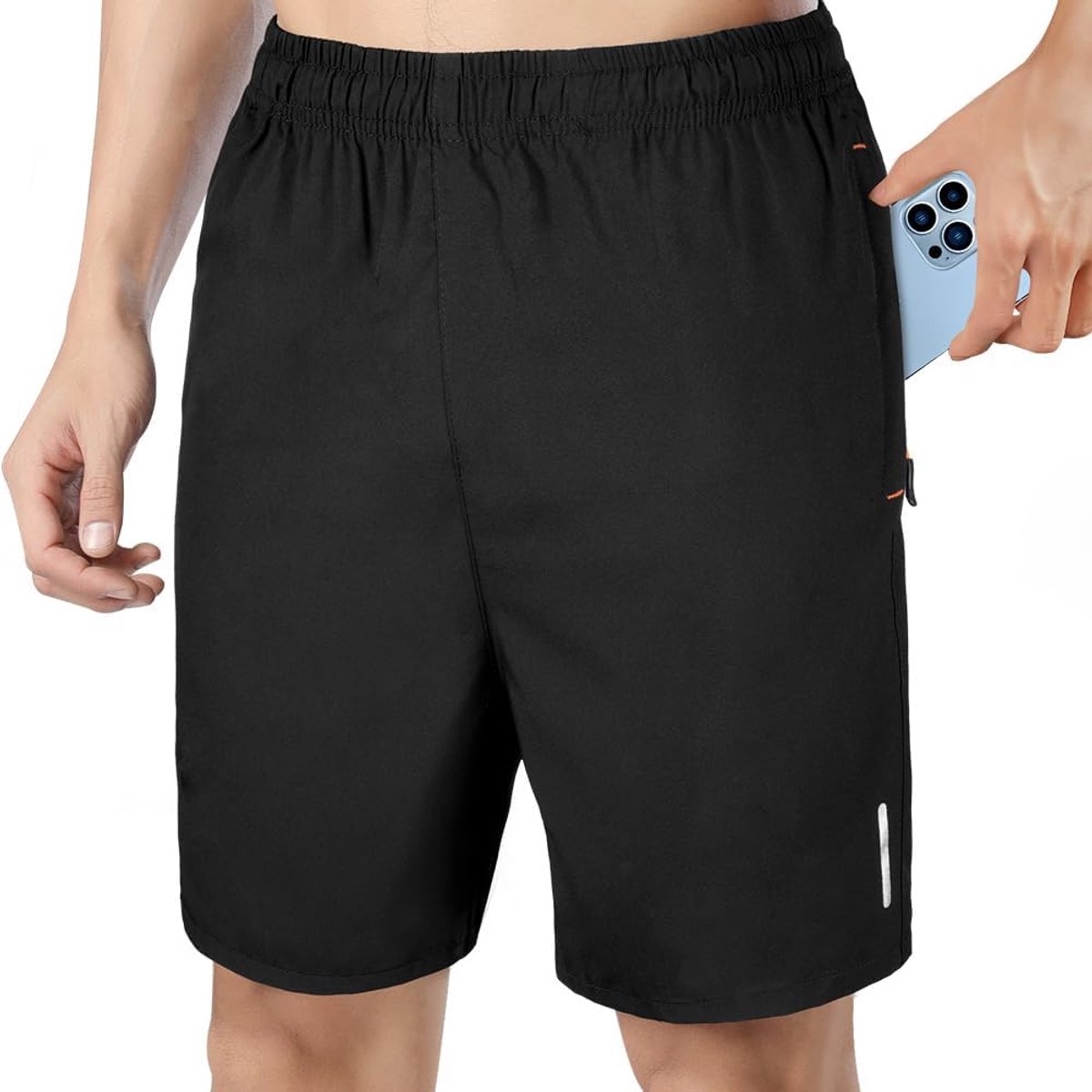 Sneldrogende korte hardloopbroek voor heren, informele korte zomersportbroek met ritszakken, buitentraining, korte, elastische taille, ademende rekbare korte broek voor fitness en jogging