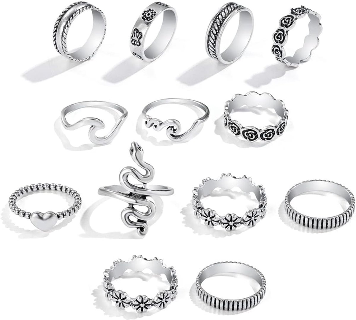 Set van 13 vintage vingerkootjes in slangenzilver, stapelbaar, met bloem, middelgroot, voor vrouwen en meisjes, Zilver
