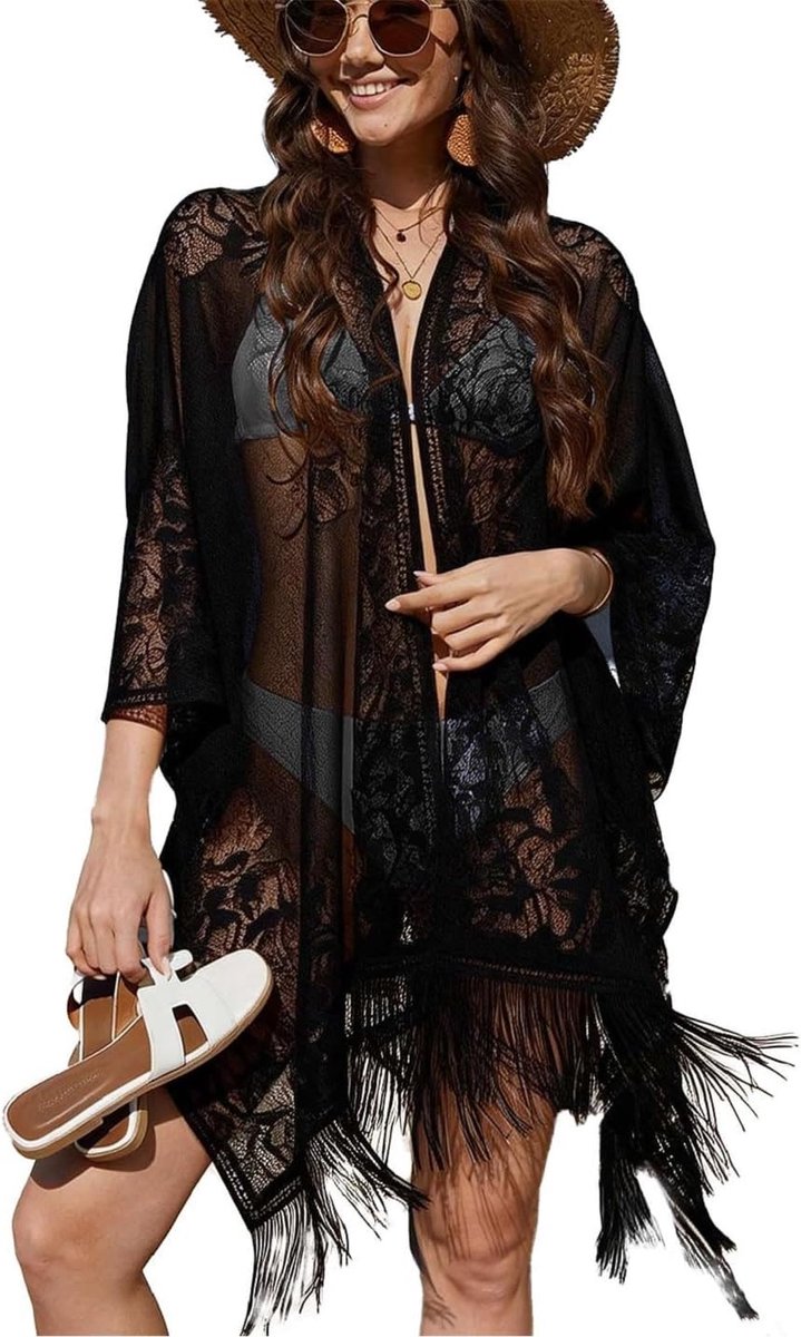 Strandkimono van opengewerkt kant, dames, elegant, tuniek, badkleding, strandjurk, pareo, zomer, strandjurk, lang, vloeiend, cover-up voor vakantie, zwembad, zee en feest