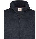 Close-up van de kraag van een donkerblauw gemêleerd gebreid vest met ritssluiting.