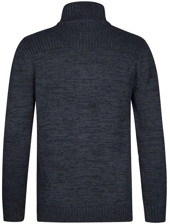 Donkerblauw gemêleerd gebreid vest met ritssluiting en hoge kraag, van achteren gezien.