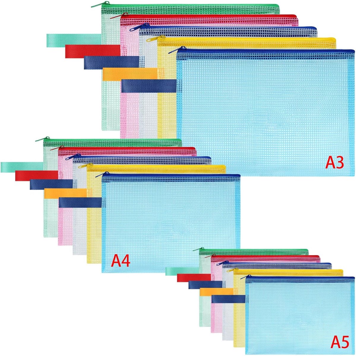 Documententas A3+A4+A5, 15 stuks waterdichte zakken met ritssluiting, mesh plastic dossiertas met ritssluiting, documentenmap voor school, thuiskantoor, reizen, cosmetica, 5 kleuren