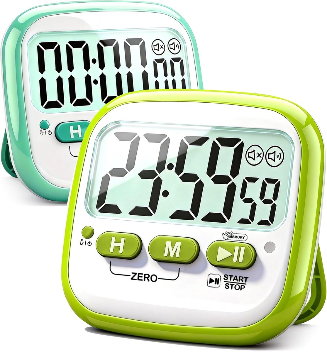 Keukentimers om te koken, 2 stuks keukentimer, digitale eiertimer, tandenborsteltimer, klaslokaaltimer voor kinderen en leraren - magnetisch, kickstand, hangend - batterij inbegrepen