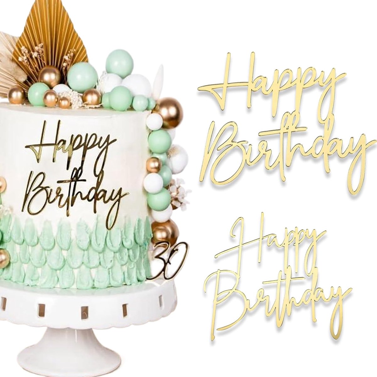 2 stuks Happy Birthday taarttoppers, goudkleurig, glittertaartdecoratie voor verjaardagstaarten, eenvoudig te plaatsen voor kinder- en volwassenenverjaardagsfeesten