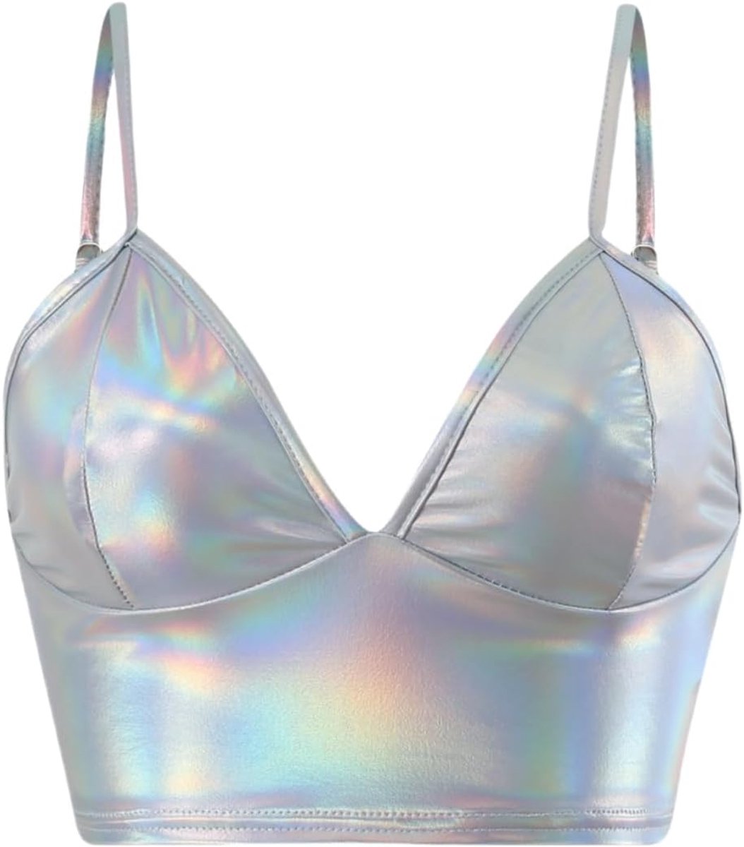 Dames Metallic Crop Top Vest Mouwloos Wet Look Sexy Tanktop V-hals Glanzend Rave Bra voor Dans, Festival Kostuums, Night Club Party