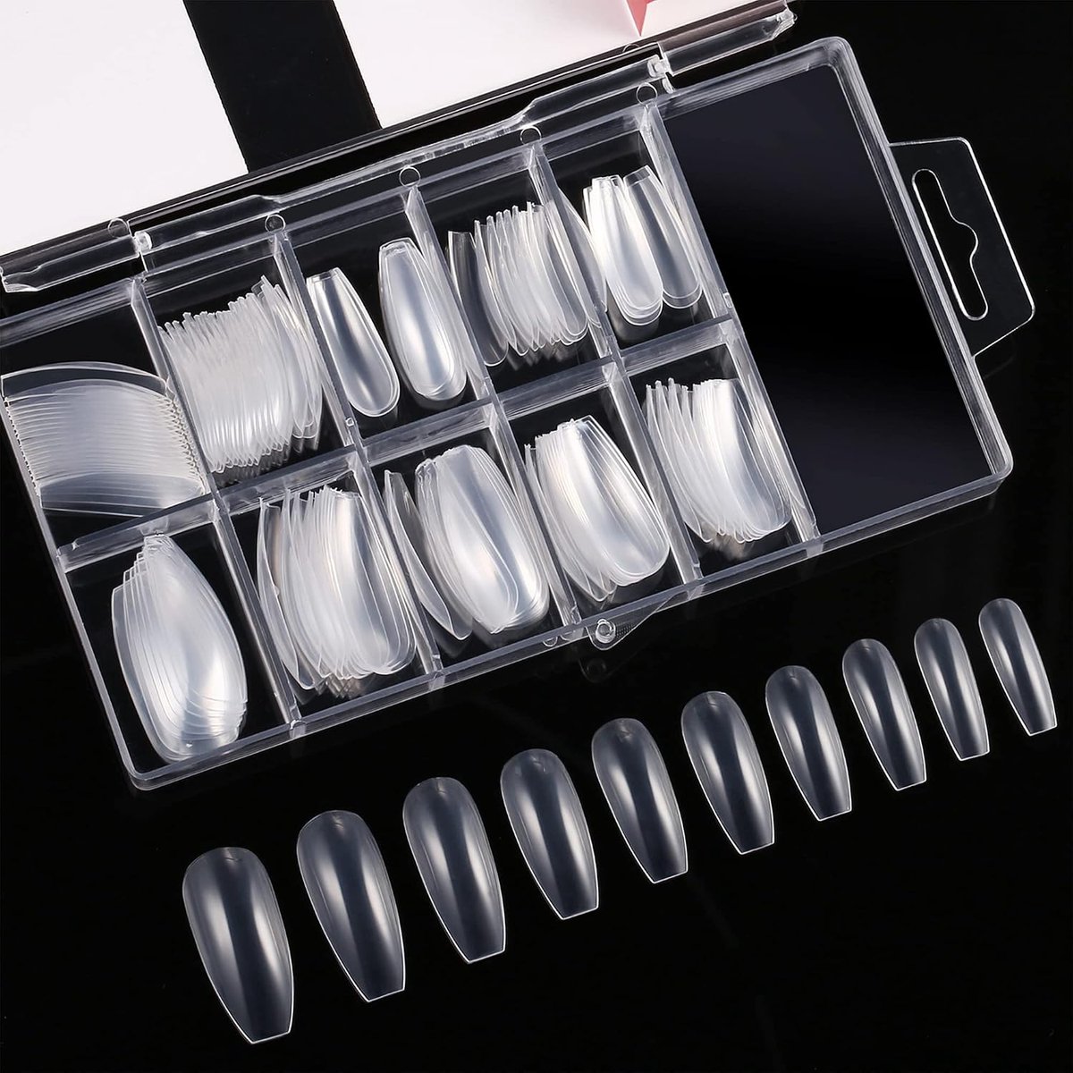 120 stuks tips kunstnagels van acryl, doodskist, volledige afdekking, ballerina's in nagelvorm, 10 maten, dames, kunstnagels, in een heldere doos (licht)