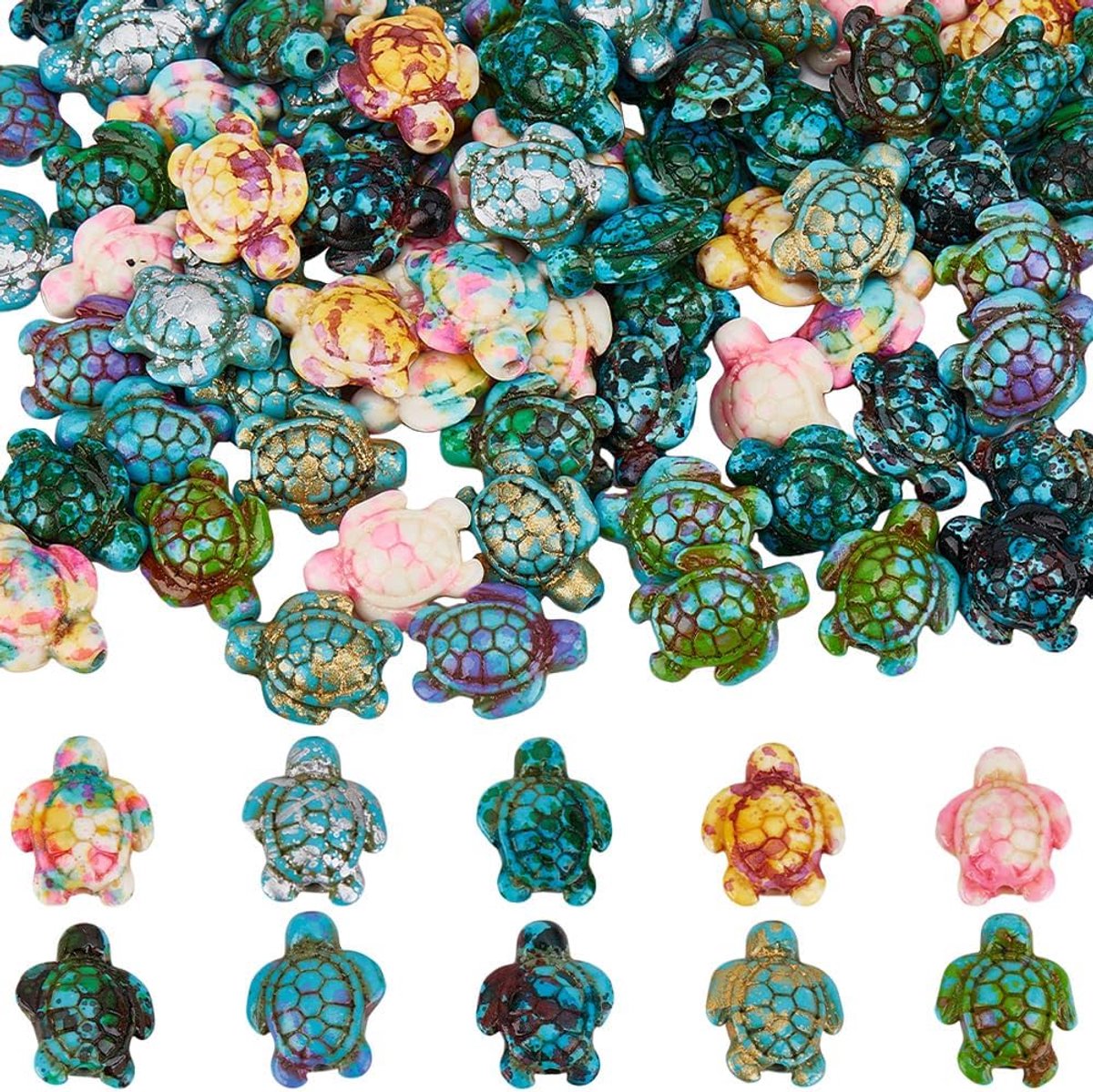 1 Doos 100 Stks 10 Kleuren Schildpad Kralen Turquoise Zeeschildpad Kralen Hawaii Kleurrijke Losse Spacer Zomer Oceaan Leven Dier Schildpadden Kraal voor DIY Ambachten Sieraden Sleutelhanger