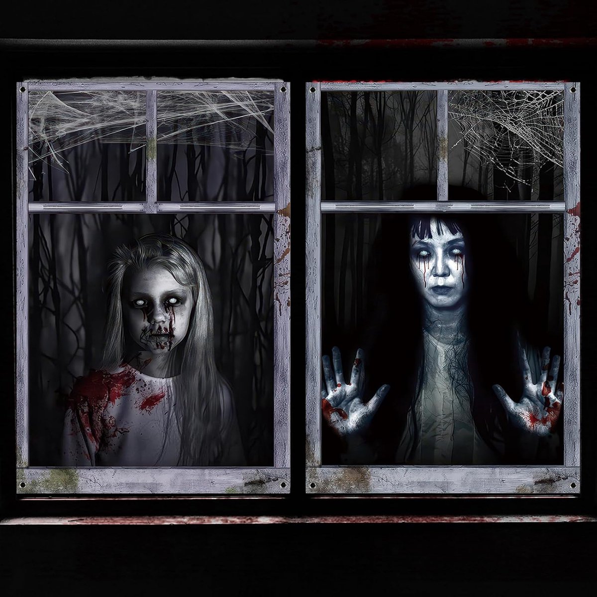 Griezelige raamafbeeldingen voor Halloween, 2 stuks, griezelig gordijn, 120 x 80 cm, Halloween decoratie, horror, feestdecoratie