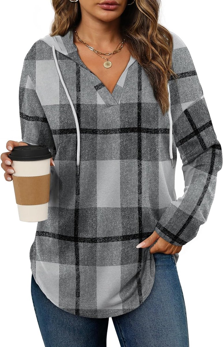 Hoodie Dames V-hals Sweatshirt met Trekkoord Lange Mouw T-shirts Tops Basic Shirt Dames Tees Losse Fit Casual Comfortabel Pullover Bovendeel