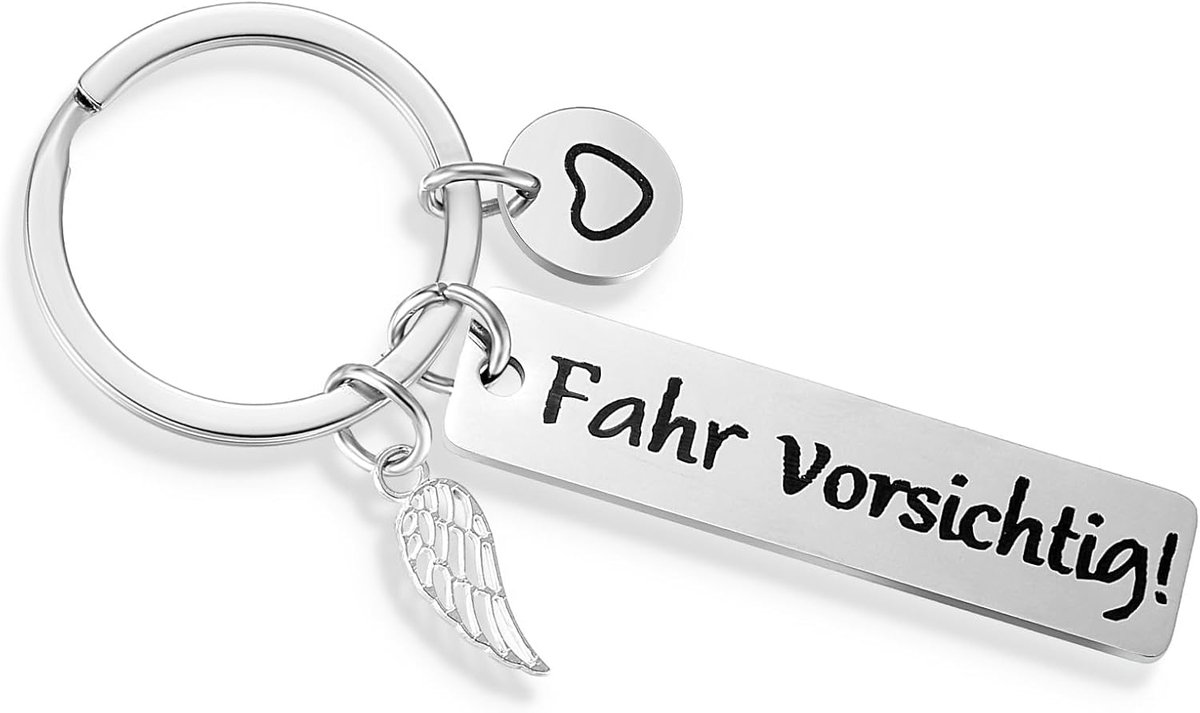 Sleutelhanger, beschermengel, geluksbrenger, sleutelhanger, roestvrij staal, rijbewijs, cadeau voor mannen, vrouwen, hem, vriend, echtgenoot, vader, papa, zilver, S
