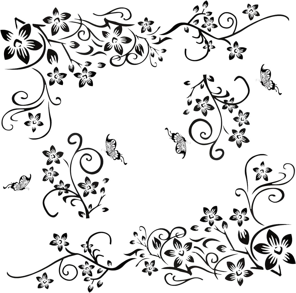 2 stuks zwarte wandtattoos, ornamentenset voor wanddecoratie, bloemen, ranken, vlinders, planten, wijnstok, muurstickers, plakstickers, wandafbeeldingen voor woonkamer, slaapkamer, voorkamer, hal,