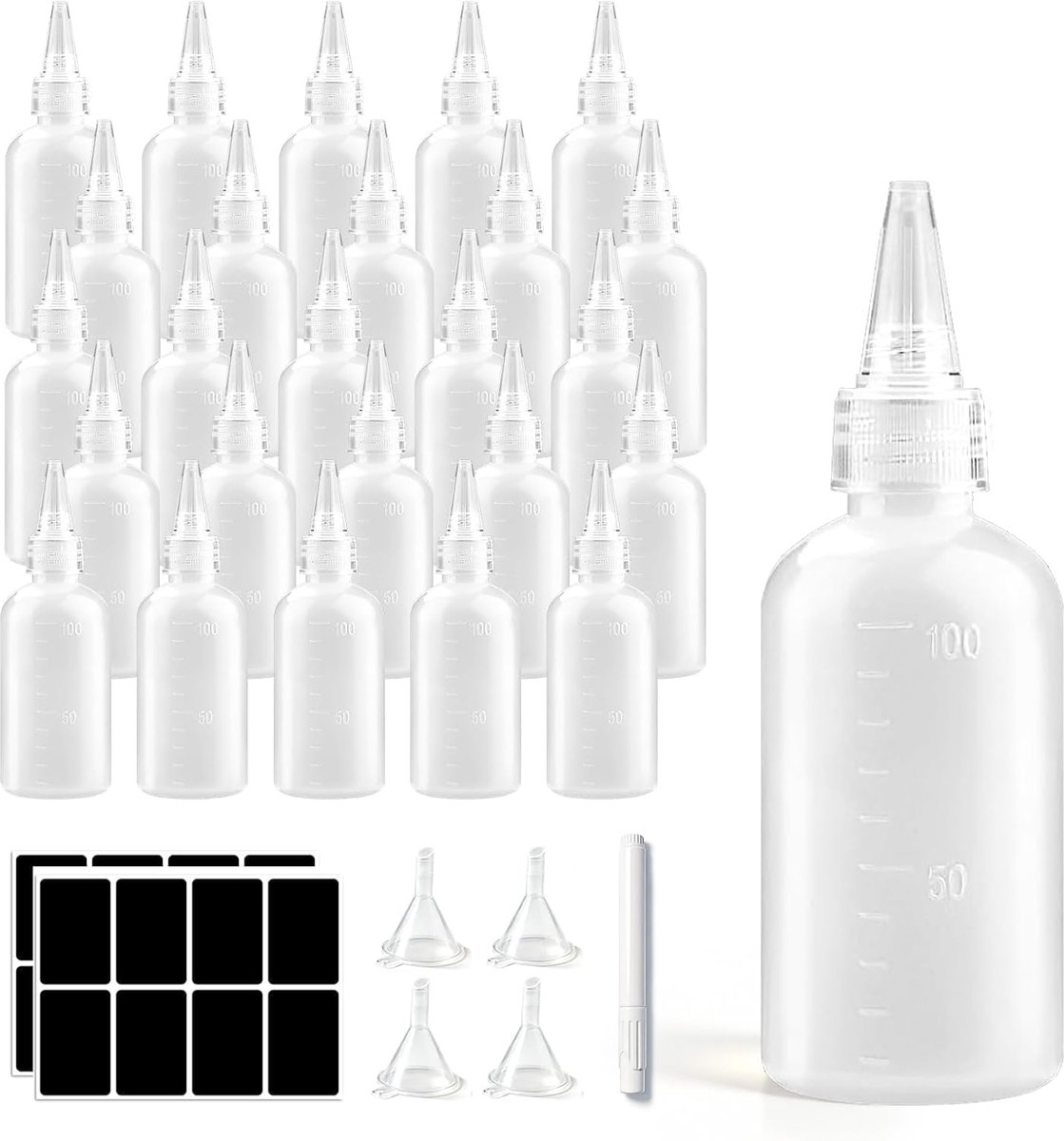 Flessen 100 ml knijpfles met mondstuk plastic incl. 4 mini trechter 1 marker 2 tafellabelsets sausfles oliefles keuken