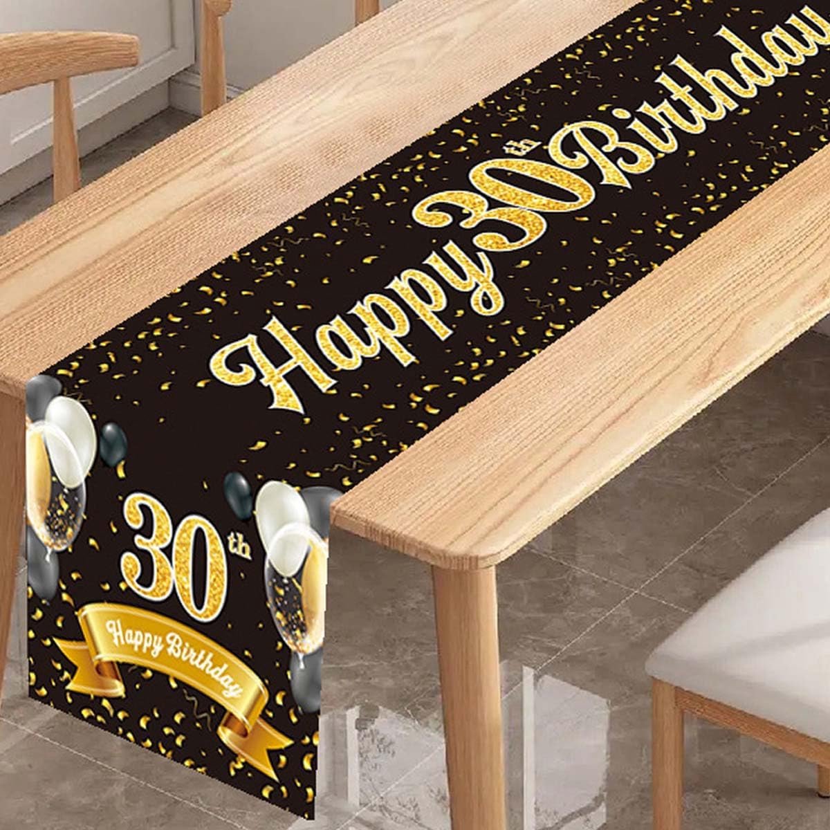Tafelloper 30e verjaardag zwart goud - 30e verjaardag decoratie, Happy 30th Birthday tafelloper voor mannen en vrouwen, perfect voor jubileumfeesten, feesten en diner decoratie - 180 x 35 cm