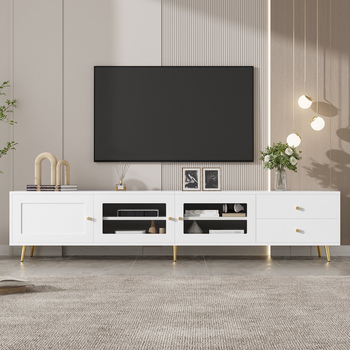 VVBV TV-Meubel 170x40x28 cm - Opbergruimte, Glazen Deuren, 2 Lades, Met Planken - Wit, Spaanplaat