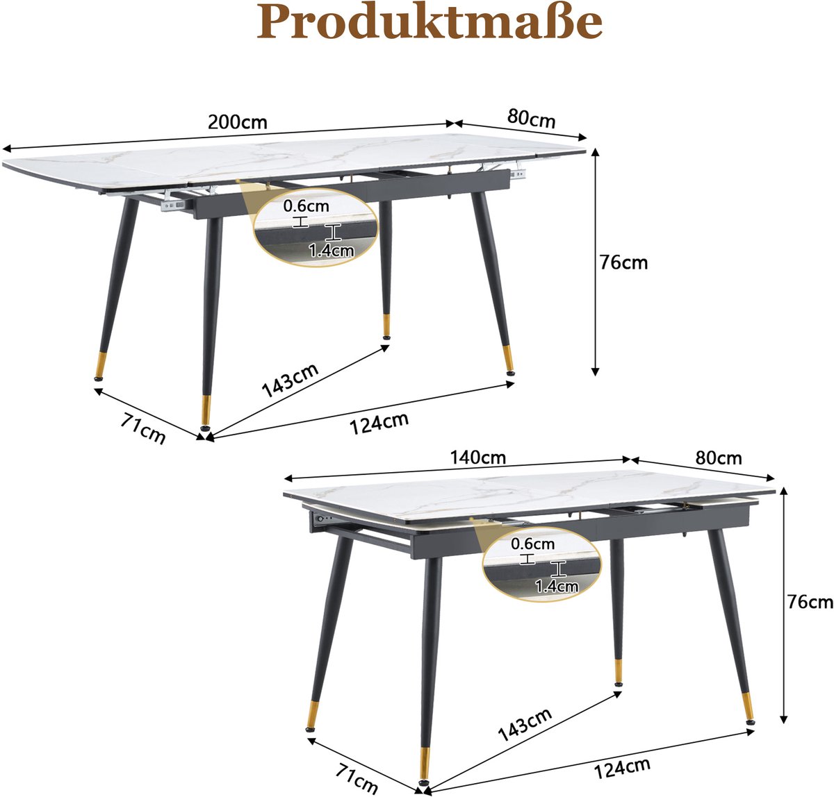 FloraGrace Eettafel - Uitschuifbaar Tafelblad Met Marmerlook Keramiek - Modern Voor Eetkamer En Woonkamer - Metaal - Wit - 140x80x76 Cm