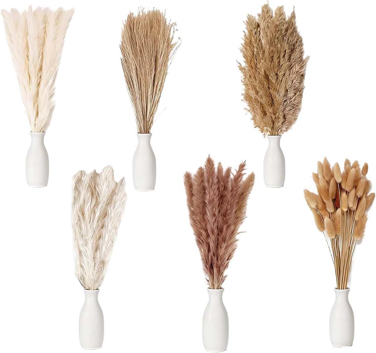 110 Stuks Gedroogd Pampasgras Decoratie Set - Natuurlijke Droogbloemen met Hazenstaartgras en Rietgras - Boho Decoratie voor Bruiloft - Woonkamer en Tafel