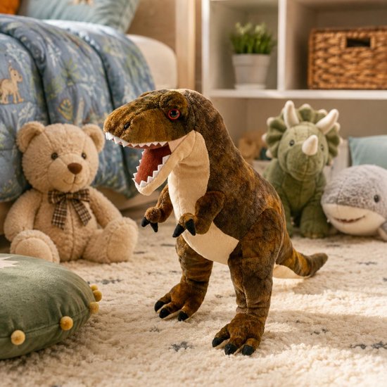 Bruine pluche T-rex dinosaurus met open bek, rode ogen en donkere spikkels, omringd door andere knuffels op de vloer.