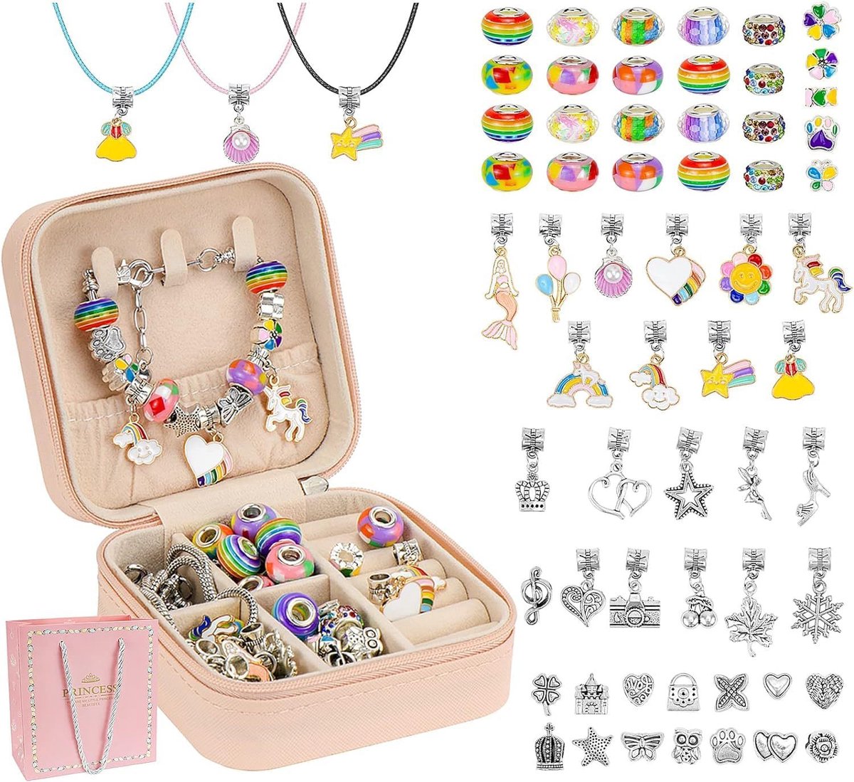 casalora-66-delige rainbow unicorn kralenset – DIY sieraden maken – metalen kralen, kleurrijke kralen & charms – armbandkettingen & halskoorden – inclusief opbergdoos – creatieve knutselset voor kinderen & volwassenen