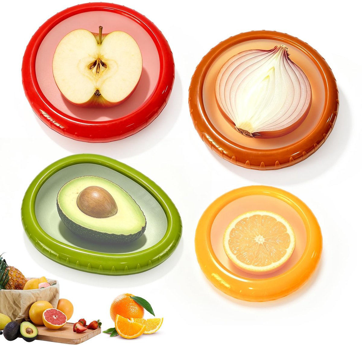 Namajunas - Groente en fruit bewaarbox - 4 stucks - Verbeterd siliconen membraan materiaal - Perfect voor de koelkast en versheid bewaren - Speciaal voor half fruit - Heeft antioxiderende eigenschappen - Keukengerij - Keuken gadgets - Herbruikbare