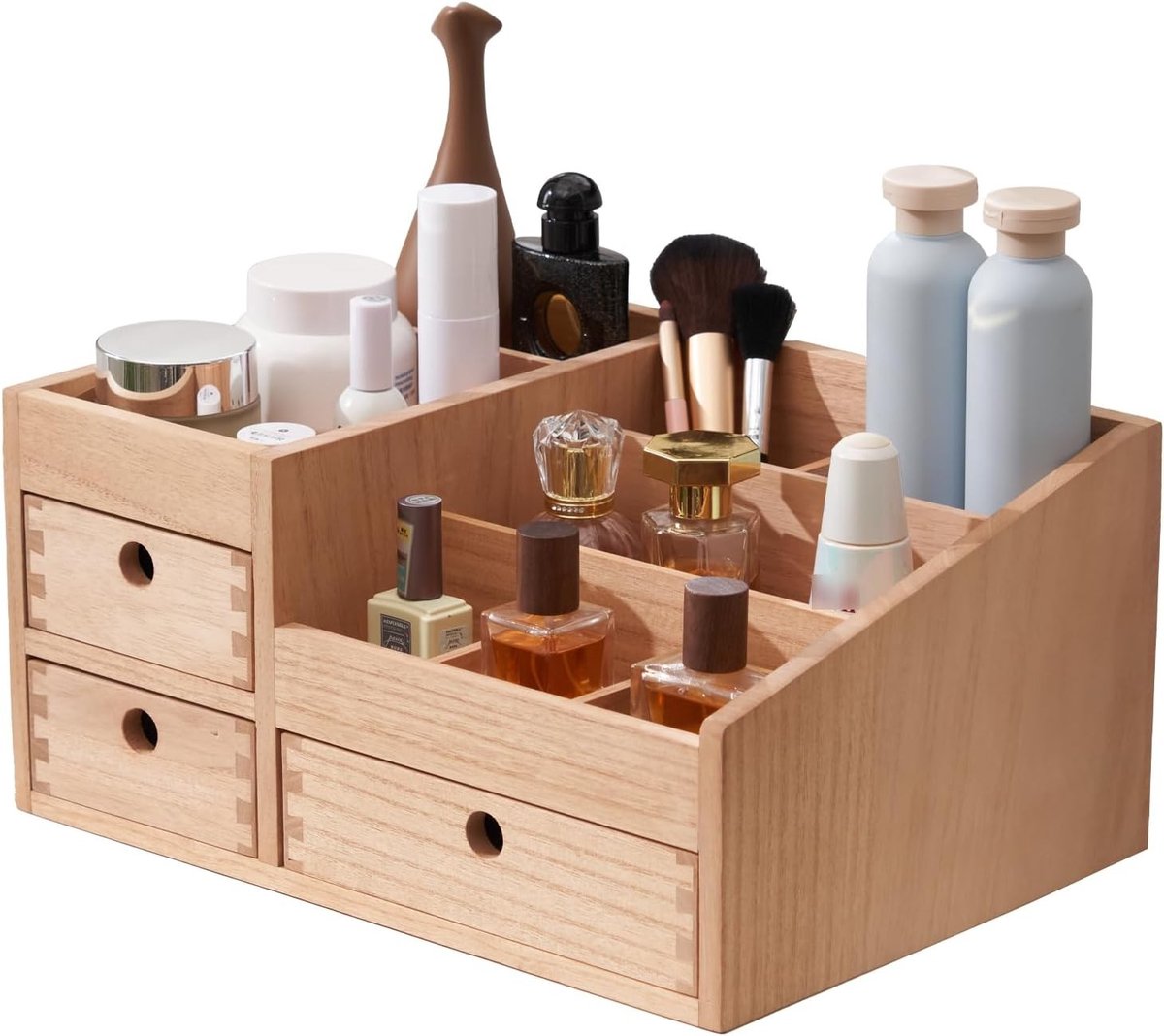 Houten Make-up Organizer met 8 Compartimenten en 3 Laden voor Cosmetica en Sieradenopslag, Natuurlijke Kleur